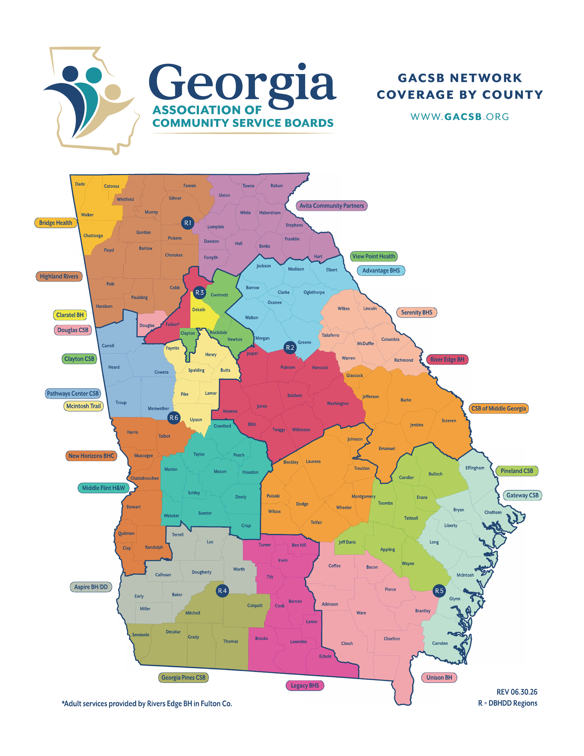 GACSB 2026 Community Service Board Service Area Map